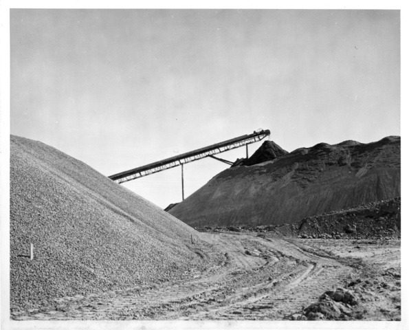 Concrete aggregate stockpiles at J.G Shotwell's Company near Coulee City for South Coulee Dam