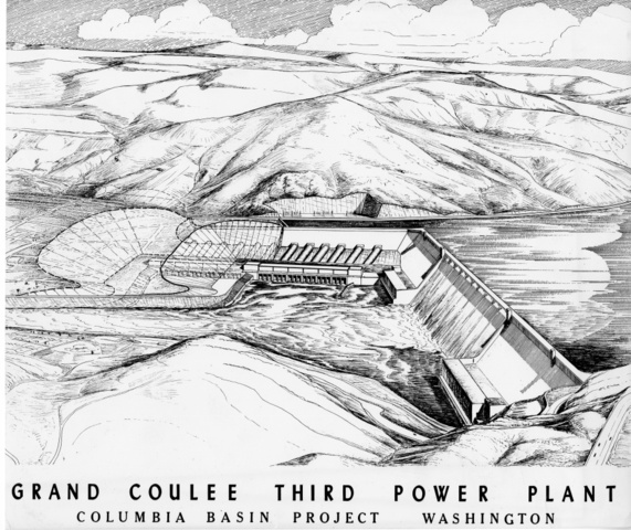 Photograph of sketch of future location of Third Powerplant at Grand Coulee Dam