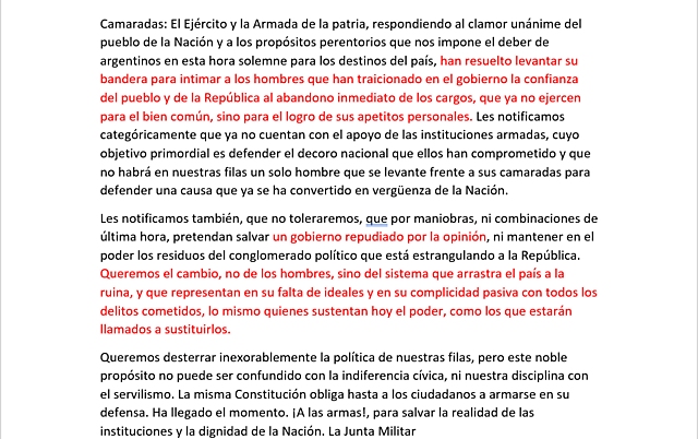 Proclama de las Fuerzas Armadas arrojada por la aviación sobre la ciudad de Buenos Aires, un día antes del golpe de Estado