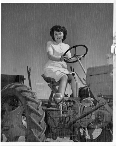 Mrs. Warren Clifford drivers the tractor on their new farm on the Pasco Irrigation Unit