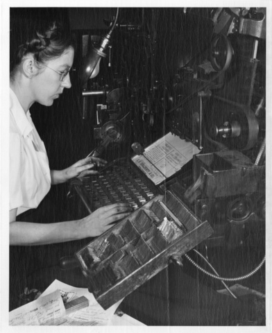 Mrs. G.E. Parks sets type at the Lind Leader weekly newspaper