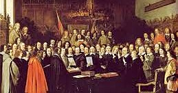 Paz de Wetsfalia. Incluye dos tratados, Osnabrück y Münster, que ponían fin, respectivamente, a la Guerra de los Treinta Años en Alemania y a la guerra que España mantenía en los Países Bajos desde hacía ochenta.