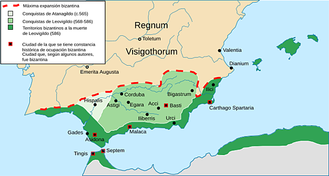 El Imperio Bizantino conquista el norte de África, Sicilia, sur de Hispania.