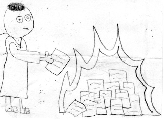 El monje le quema a Don Quijote sus libros de caballeria