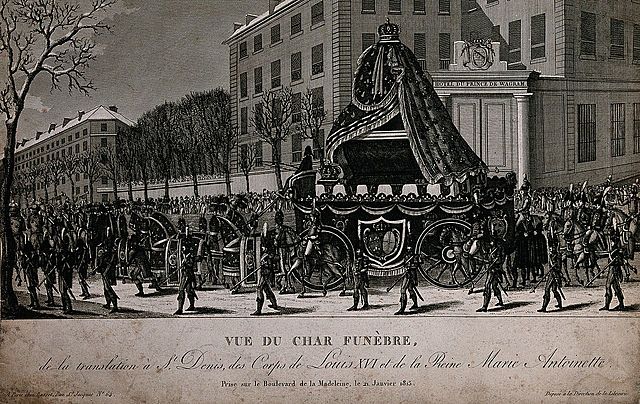 The transfer of the coffins of King Louis XVI of France and his wife, Marie Antoinette, to the church St. Denis in Paris.