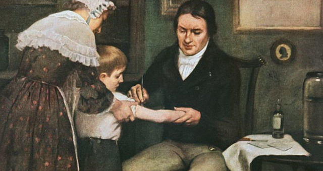 Edward Jenner inocula a un neno co pus das póstulas dunha persoa infectada de variola benigna
