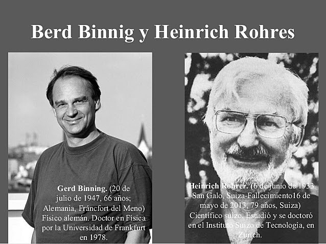 primer microscopio de efecto túnel inventado por los alemanes Gerd Binning y Heinrich Rohrer.