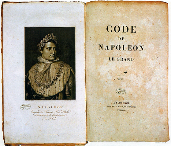 Napoleonic Code ~ This picture is of one of the copies of the Napoleonic Code with all the statutes combined. The copy was from when the code got renamed after Emperor Napoleon. Before, it was called the Civil Code of France.