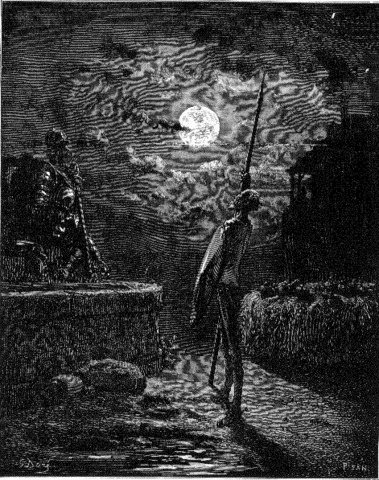 don quijote vela sus armas para salir a la batalla