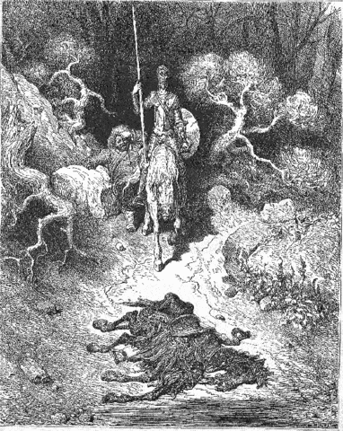 Don Quijote y Sancho descubre la mula muerta en sierra morena