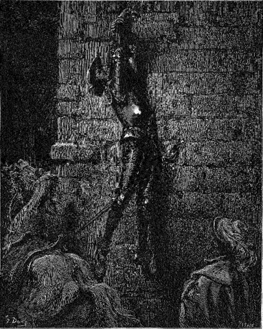 Don Quijote, atado de la mano por Maritornes