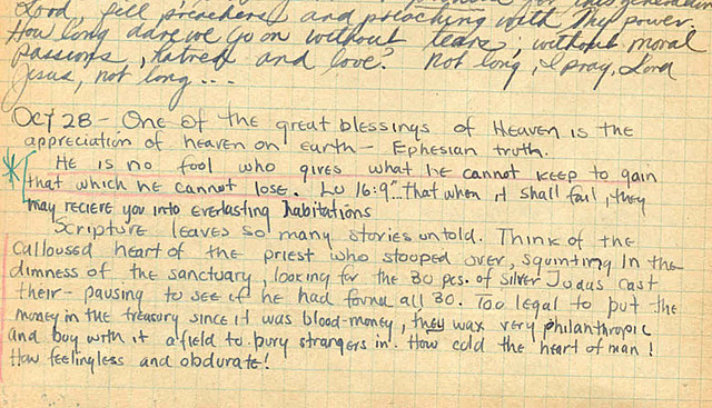 Jim Elliot begins writing his journals.