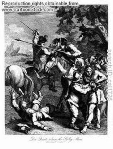 Don Quijote lucha contra un barril de vino dormido