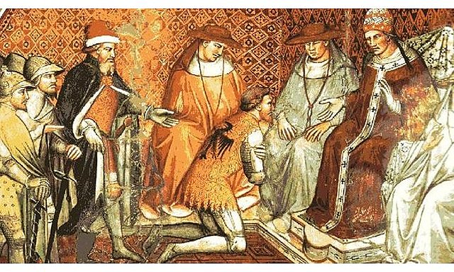 Enrico IV demande pardon au pape parce- qu'il est repenti pour l'umiliation de Canossa