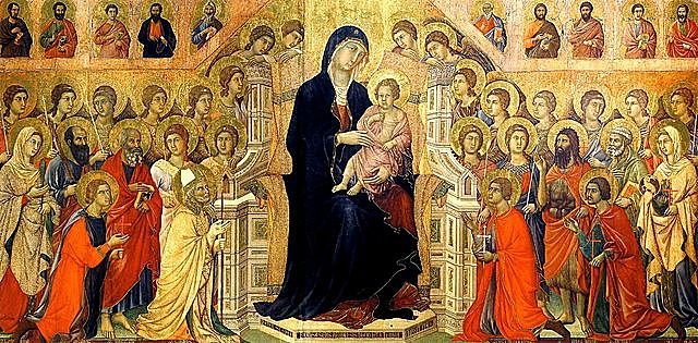 Gótico lineal o francogótico / Virgen en el trono con el Niño, ángeles y santos, tabla central de la cara anterior de la Maestà