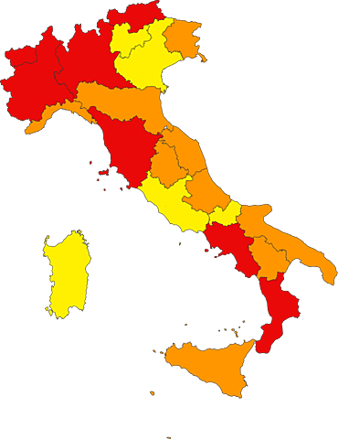 Italia: zona rossa, arancione e gialla