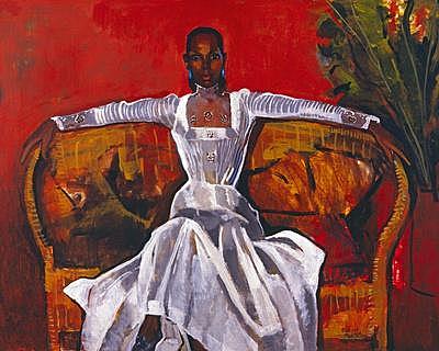 Sheila en un sofá de ratán, Boscoe Holder, Trinidad y Tobago.