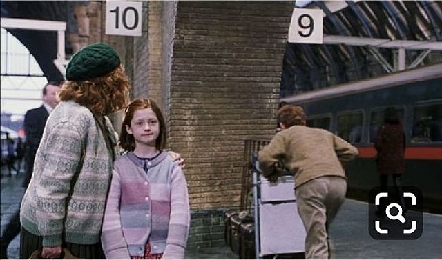He meets Ron Weasley, the twins, Percy, Ginny, and Molly on Platform Nine and Three Quarters