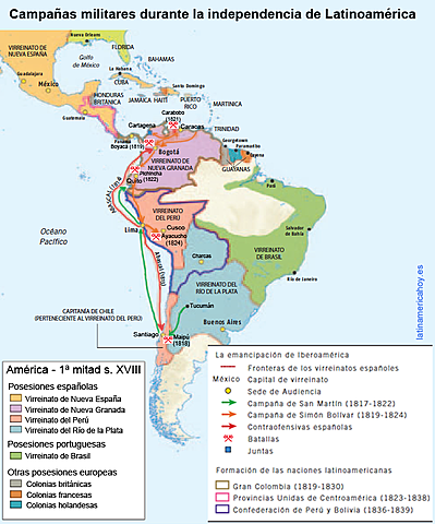 Independencia de Bolivia, Colombia, Ecuador, Veneçuela i Perú