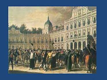 Motín de Aranjuez, destitución de Godoy y abdicación de Carlos IV en Fernando VII.