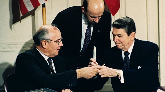 President Reagan and Gorbachev resolve to remove all intermediate nuclear missiles from Europe