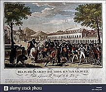 Motín de Aranjuez, destitución de Godoy y abdicación de Carlos IV en Fernando VII.