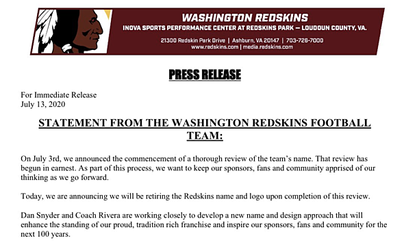 Washington announces they will retire the "Redskins" name and logo, temporary name announced