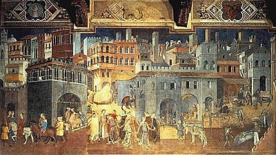 MURAL PAINTINGS (Detail of The Effects of Good Government, a fresco in the City Hall of Siena by Ambrogio Lorenzetti, 1338.)