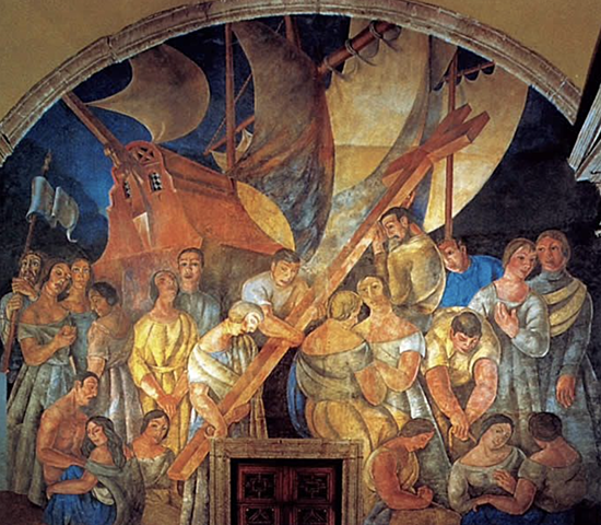 “El Desembarco de los Españoles y La Cruz Plantada en Tierras Nuevas,” by Ramon Alva de la Canal at the College of San Ildefonso