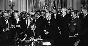 An omnibus legislation in the U.S. Congress on Civil Rights is passed. It banned discrimination in jobs, voting and accommodations.