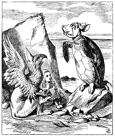 Alice is introduced to the Mock Turtle and the Gryphon