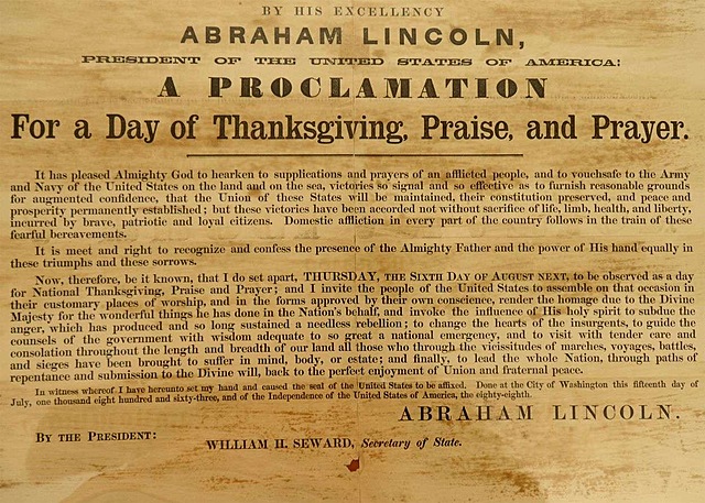 Lincoln establishes Thanksgiving as a national holiday