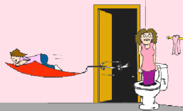 Down the hall Rachel flew. There was a lady just coming out of the bathroom.