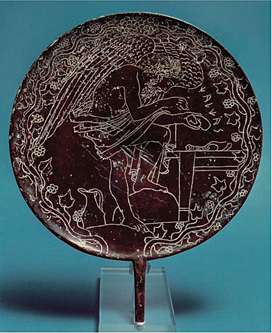 Espejo con grabado de Chalchas examinando un hígado