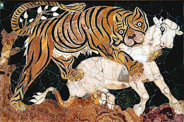 Mosaico de un tigre atacando a un ternero
