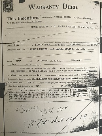 Ignatz Mulitsch pays off land of 8569 Oriole Ave lot in St Louis.