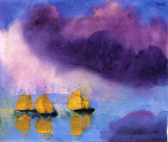 Mare con nuvole viola e tre barche a vela gialle, E. Nolde