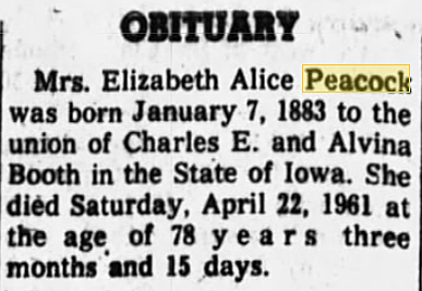 Elizabeth Alice Booth Peacock died in St. Clair, MO.