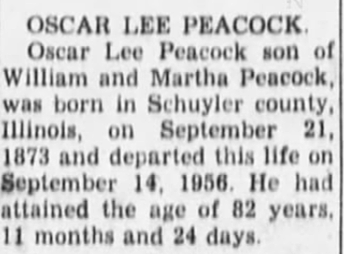 Oscar Lee Peacock dies in St. Clair, MO.