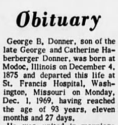 George Donner dies in St. Clair, MO.