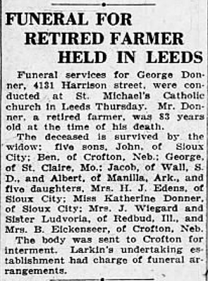 George Donner Sr dies in Sioux City, Iowa.