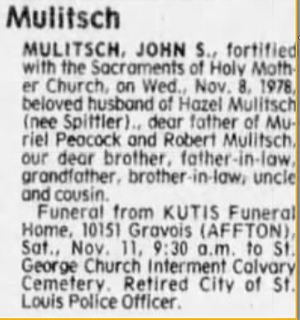 John S. Mulitsch dies in St. Louis, MO.