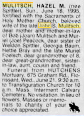 Hazel Spittler Mulitsch dies in St. Louis, MO.
