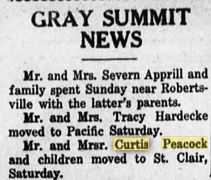 Curtis Peacock and family move from Gray Summit to St. Clair, MO.