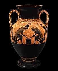 Cerámica de figuras negras. Ánfora con Ayax y Aquiles jugando a las damas. Museo Vaticano.