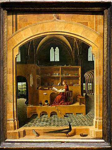 San Gerolamo nello studio  //*Dati Opera*  Autore:Antonello da Messina  Data:1474 ca. Tecnica:Olio su tela Dimensioni:44 per 36,5 cm  Collocazione:Londra,National Gallery