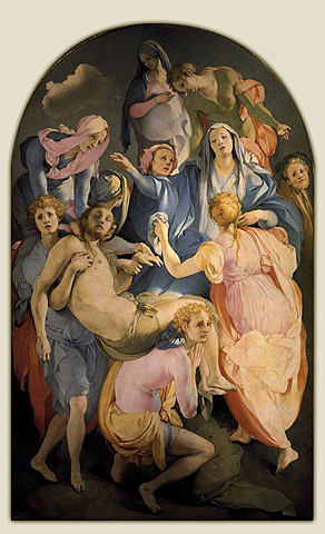 Il trasporto di Cristo al sepolcro    //*Dati dell'opera* Autore:Jacopo Pontormo Data:1528 Tecnica:Olio su tavola Dimensioni:312 per 192 cm  Collocazione:Firenze,Chiesa di Santa Felicita //