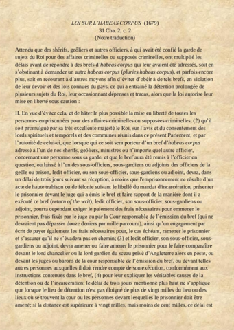 La loi de l'Habeas Corpus