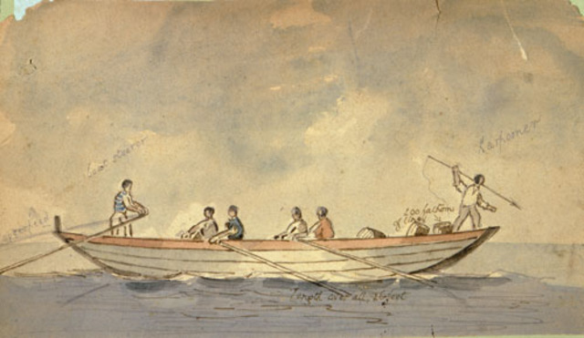 Brady escapes with 13 other convicts in a whaleboat