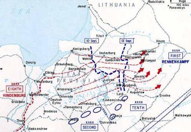 Russian army defeated at Tannenburg and Masurian Lakes.